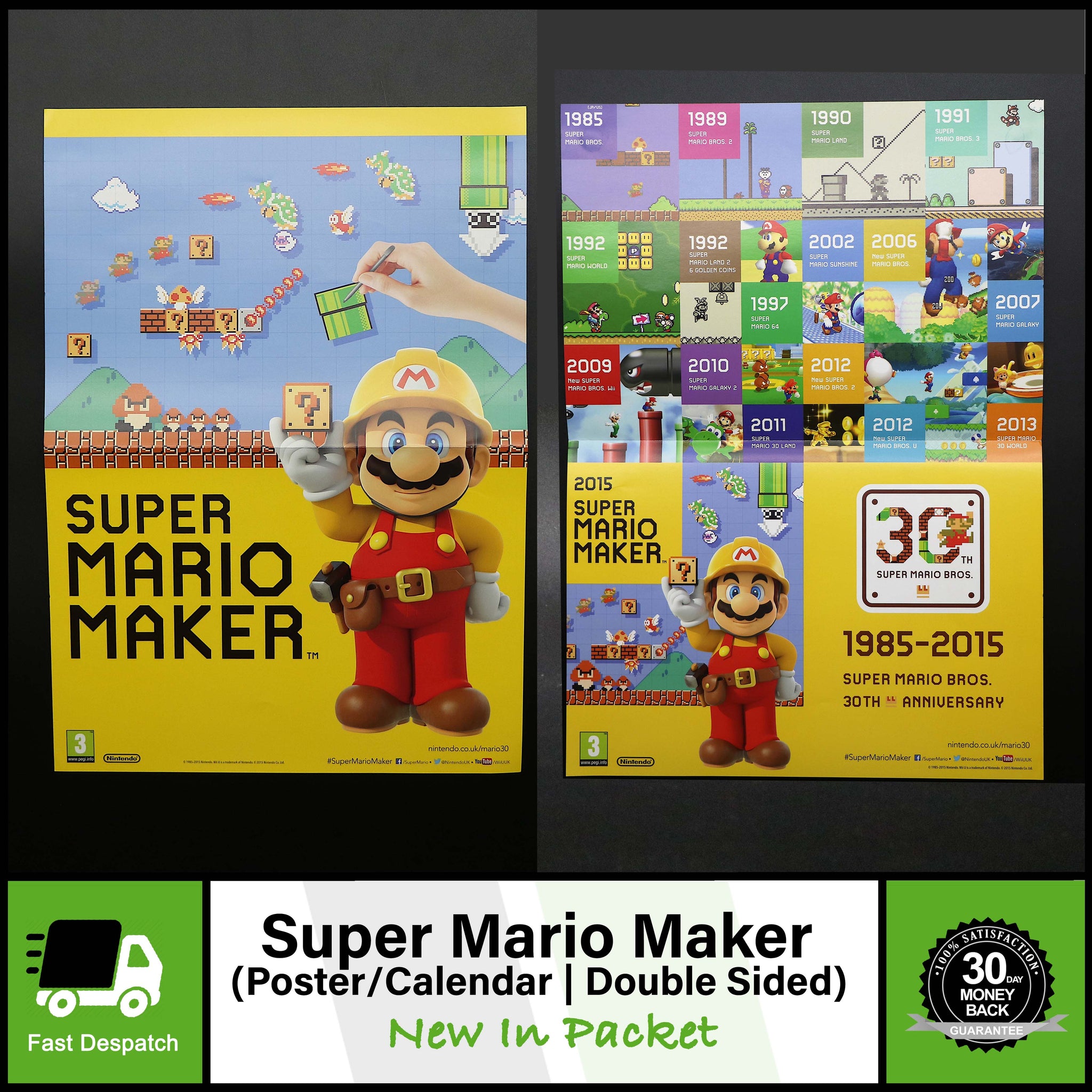 Super Mario Maker | Promo Nintendo A3 30th Anniversary Double Sided Poster | New