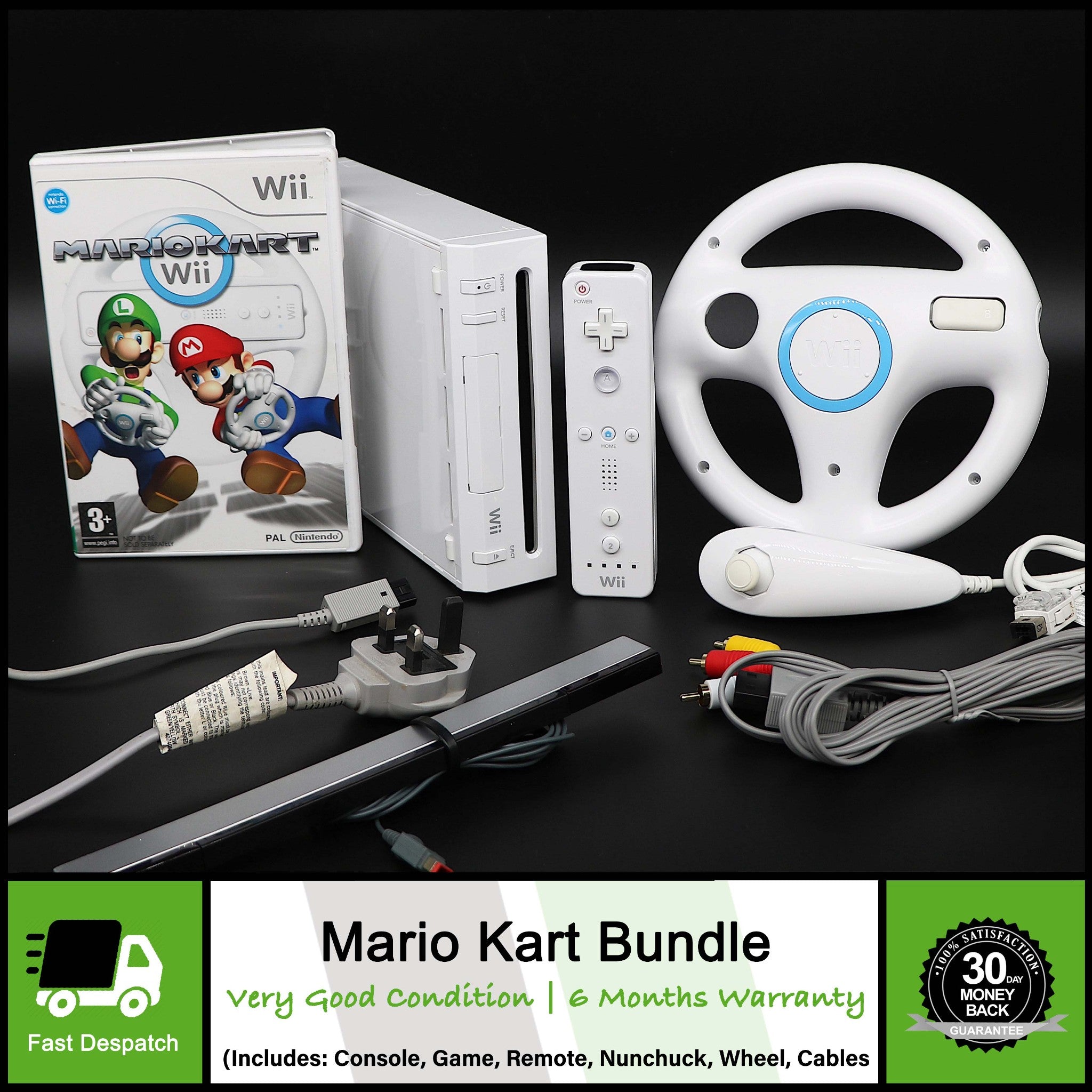Nintendo Wii Gaming Console System With Mario Kart Game & Steering Wheel Bundle